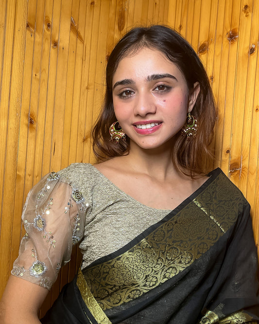 Model paired with a saree for a festive-ready look.
