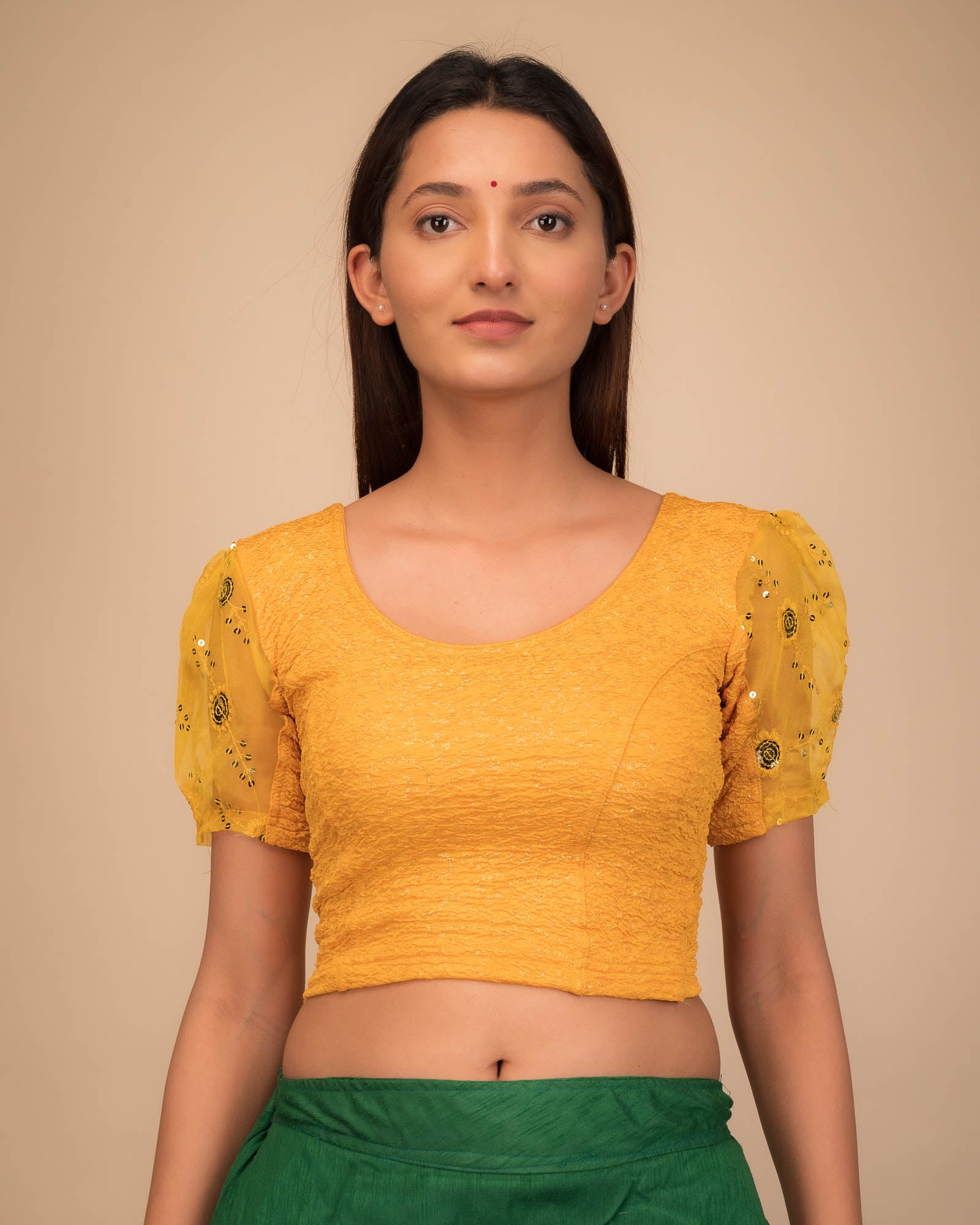 Model wearing a stretchable blouse with puff organza sleeves and round neckline.