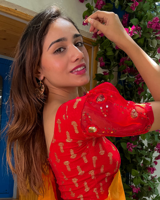 Model paired with a saree for a festive-ready look.