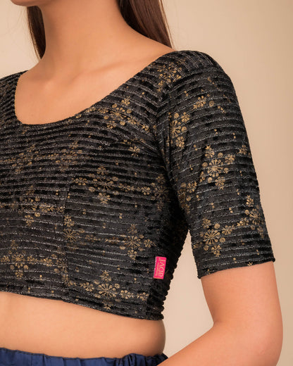 Veena Gold Metallic Foil Velvet Black Designer Stretchable Blouse-Party Wear