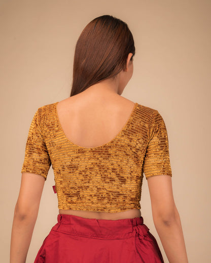 Rear view of the stretchable velvet blouse showcasing the back design.