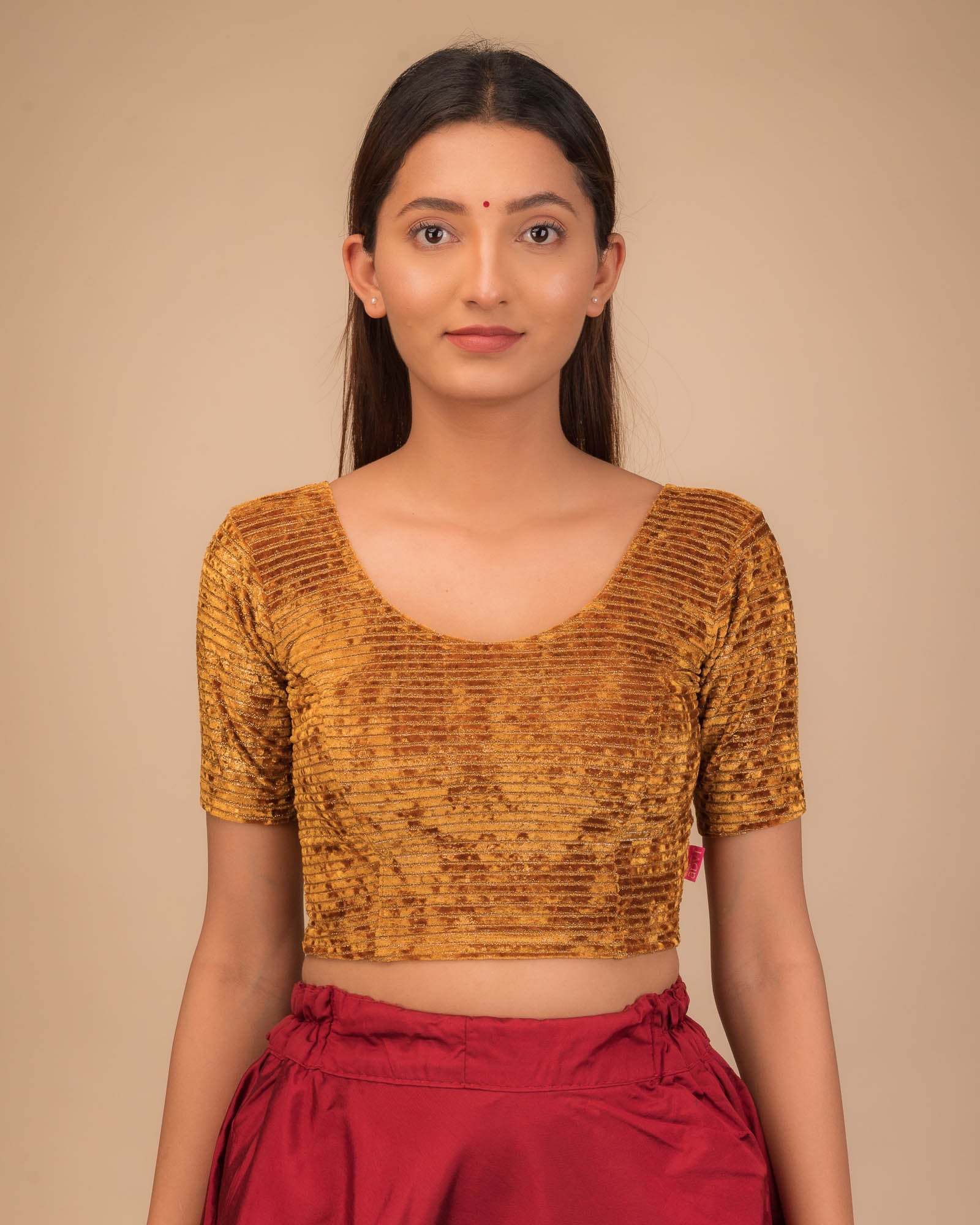 Model wearing a stretchable velvet blouse with elbow sleeves and round neckline.