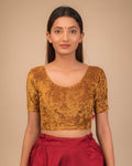 Veena Velvet Metallic Foil Dark Gold Elbow Sleeve Stretchable Saree Blouse