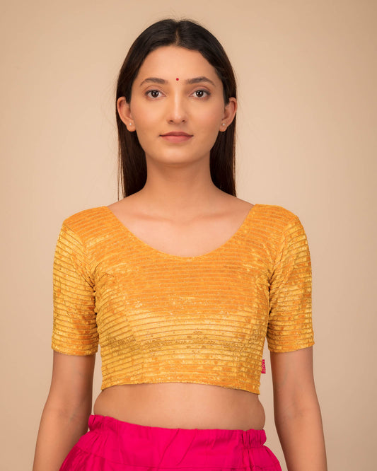 Model wearing a stretchable velvet blouse with elbow sleeves and round neckline.
