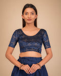 Veena Gold Metallic Foil Navy Blue Readymade Blouse Velvet | Stretchable