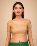 Rosey Metallic Emboss Bright Gold Stretchable Readymade Blouse | Elbow Sleeve