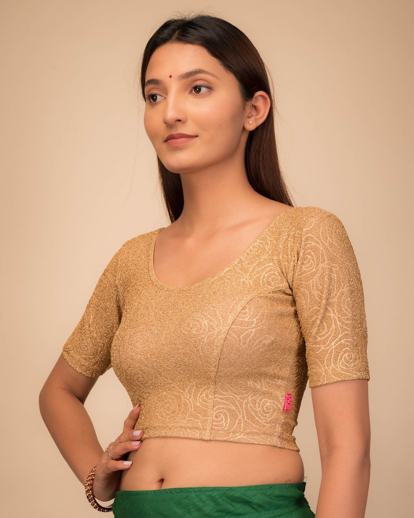 Rosey Metallic Emboss Bright Gold Stretchable Readymade Blouse | Elbow Sleeve