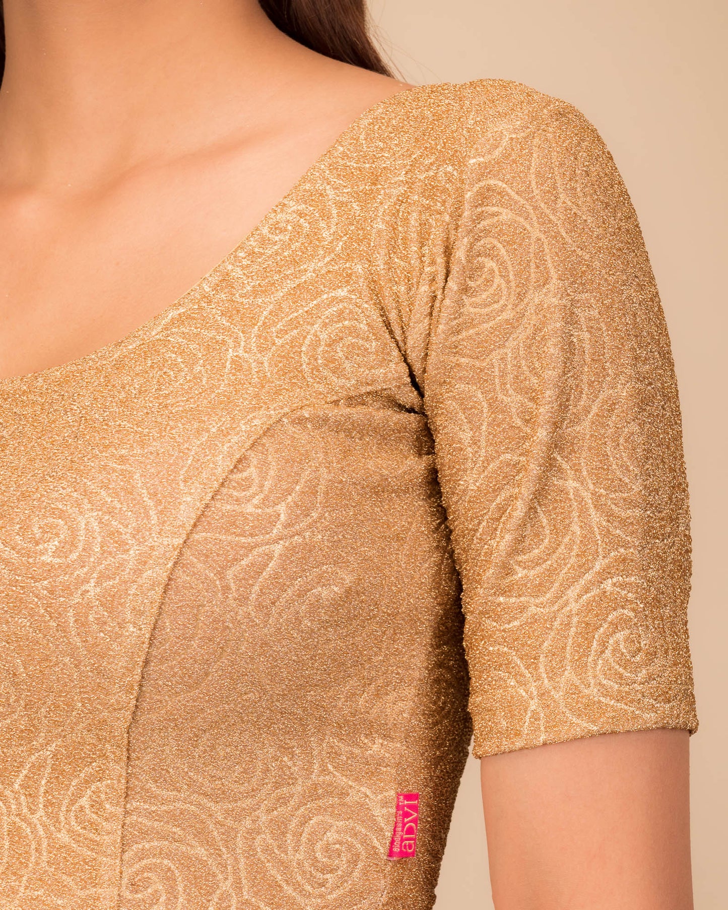 Rosey Metallic Emboss Bright Gold Stretchable Readymade Blouse | Elbow Sleeve
