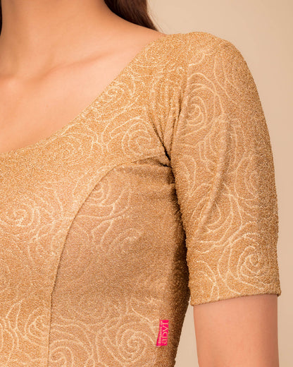 Rosey Metallic Emboss Bright Gold Stretchable Readymade Blouse | Elbow Sleeve