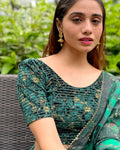 Kanan Velvet Stripes Bottle Green Golden Lac Button Back Readymade Blouse | Party Ready