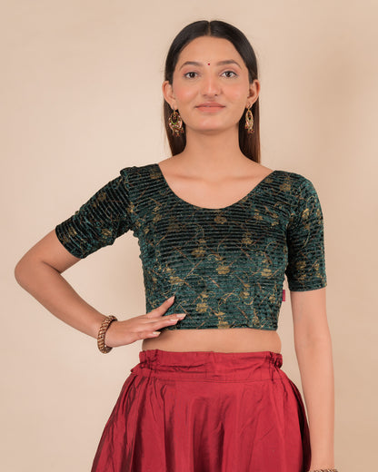 Kanan Velvet Stripes Bottle Green Golden Lac Button Back Readymade Blouse | Party Ready