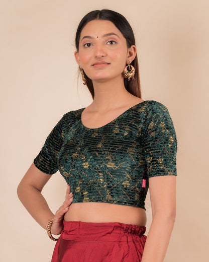 Kanan Velvet Stripes Bottle Green Golden Lac Button Back Readymade Blouse | Party Ready