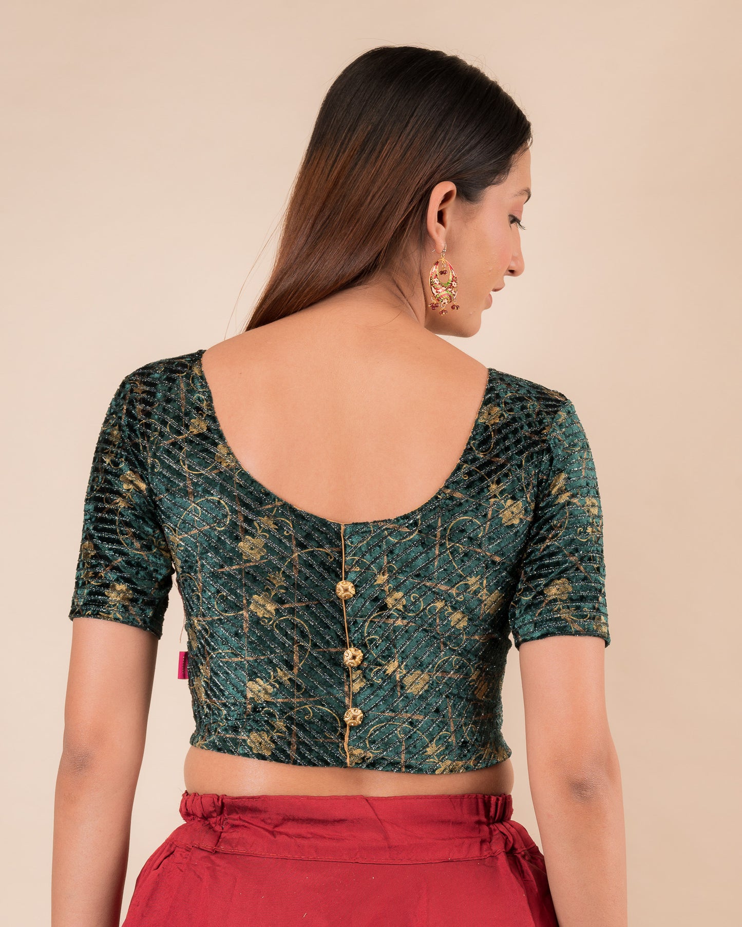 Kanan Velvet Stripes Bottle Green Golden Lac Button Back Readymade Blouse | Party Ready