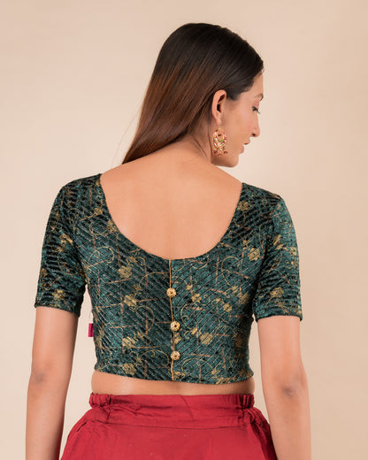 Kanan Velvet Stripes Bottle Green Golden Lac Button Back Readymade Blouse | Party Ready