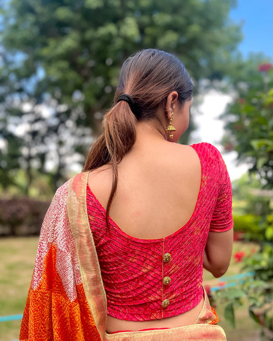 Model pairing the blouse with a saree, demonstrating a festive-ready ensemble.