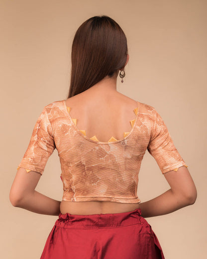 Rear view highlighting the silk trims at sleeves and back neckline.