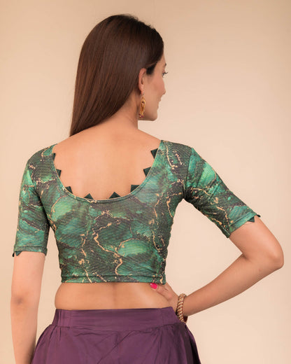Rear view highlighting the silk trims at sleeves and back neckline.