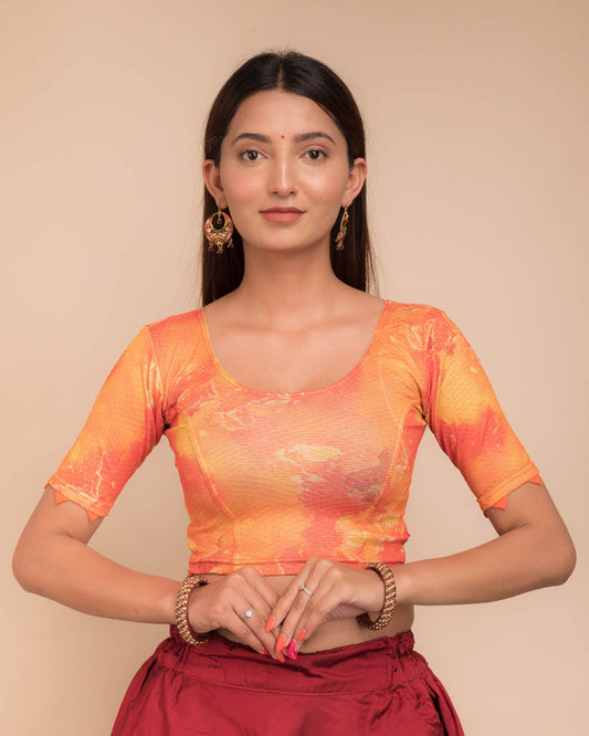 Model wearing a stretchable readymade blouse with elbow sleeves and round neckline, showcasing marbling print.