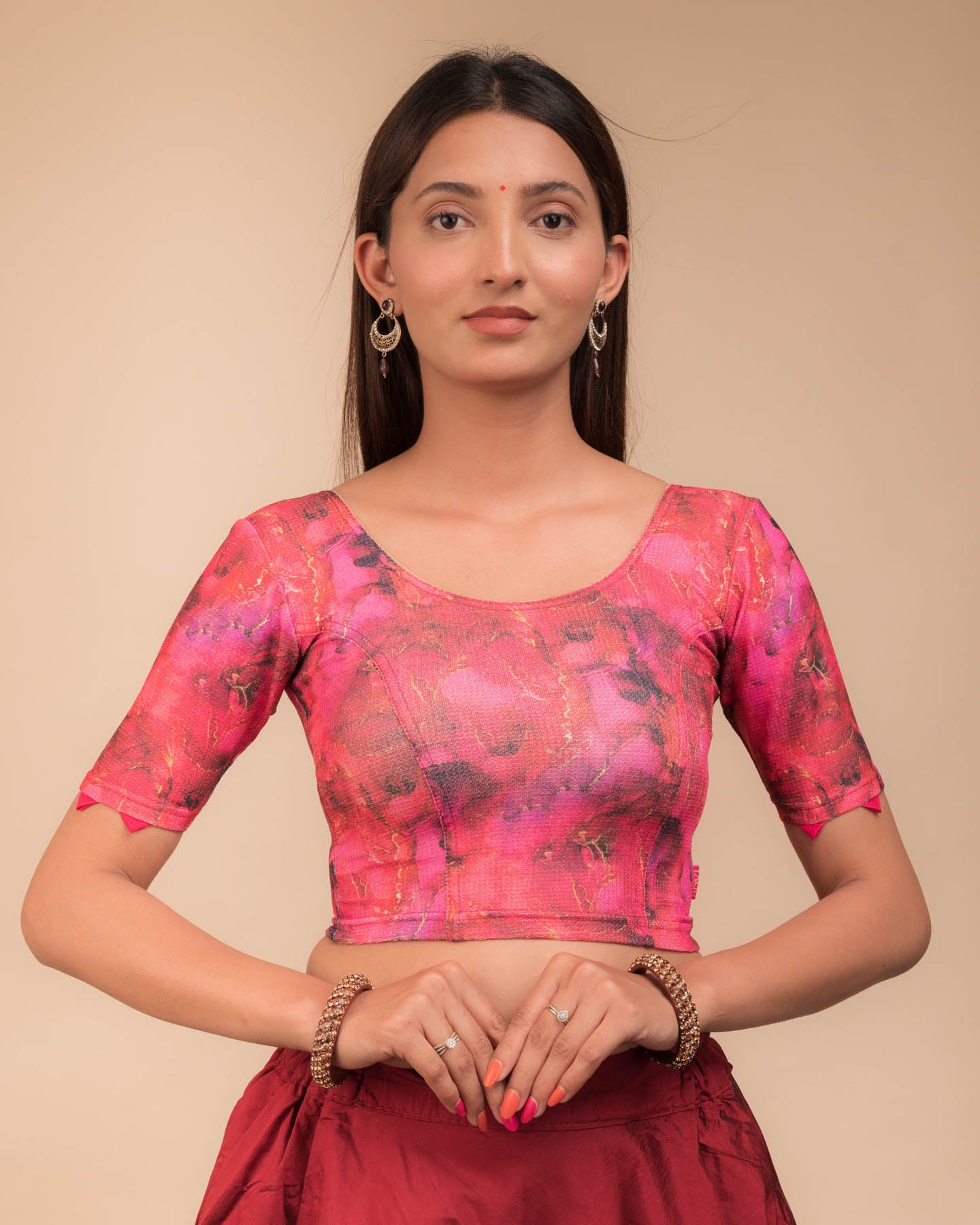 Dhaatu Digital Print With Silk Trims Rani Multicolor Stretchable Blouse | Party Wear