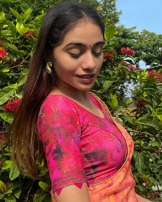 Model pairing the blouse with a saree for a festive-ready look.