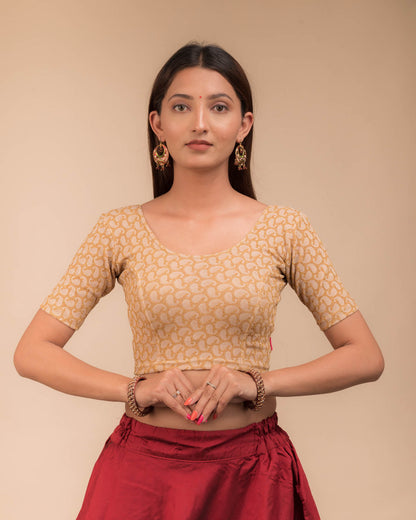 Model wearing a stretchable blouse with elbow sleeves and round neckline, featuring zari detailing.