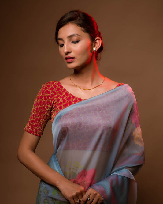 Model pairing the blouse with a saree for a festive look.