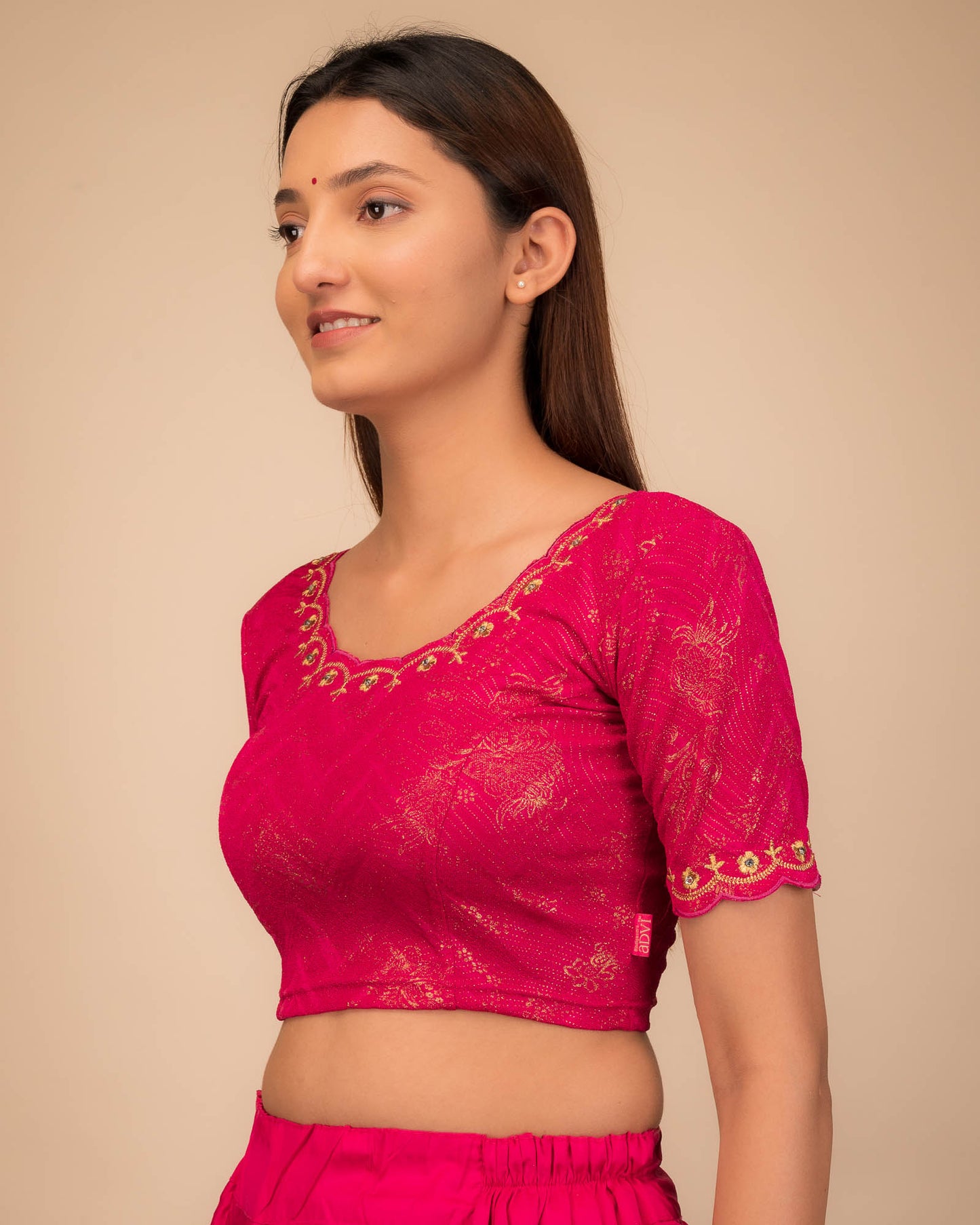 Kangoori Gold Zari Embroidery Scallops Stretchable Slip On Blouse