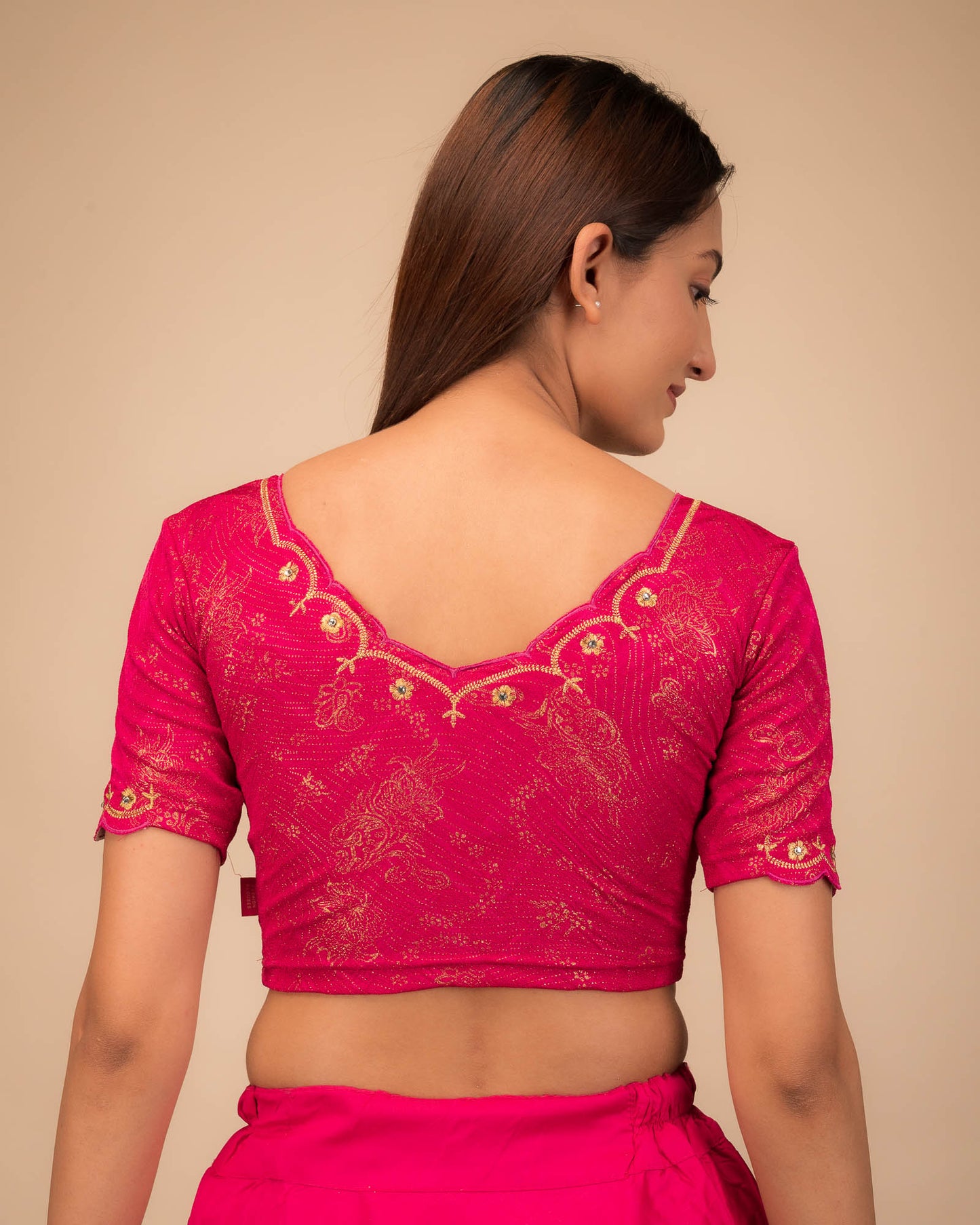 Kangoori Gold Zari Embroidery Scallops Stretchable Slip On Blouse