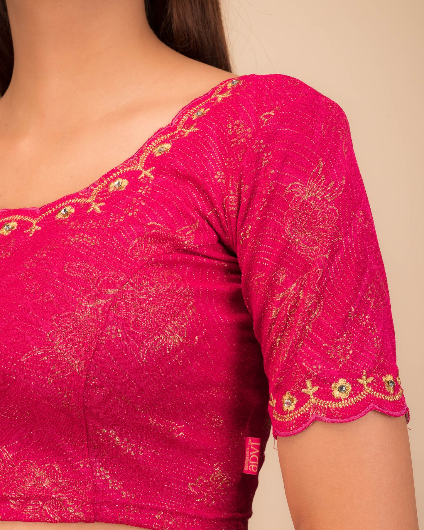 Kangoori Gold Zari Embroidery Scallops Stretchable Slip On Blouse