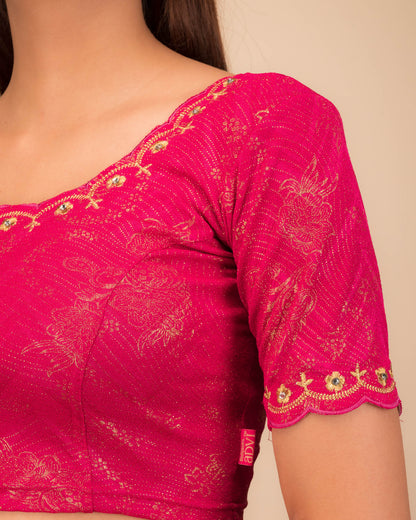Kangoori Gold Zari Embroidery Scallops Stretchable Slip On Blouse