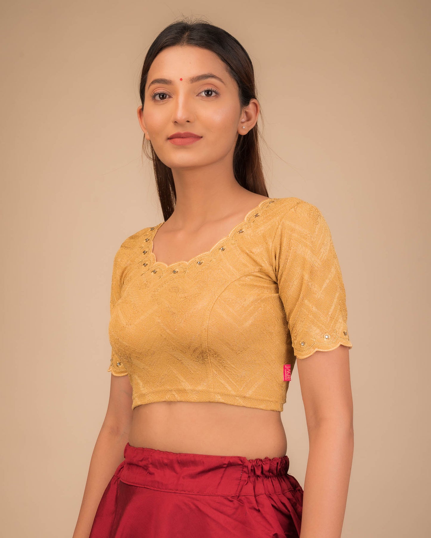 Kangoori Gold Zari Embroidery Scallops Stretchable Slip On Blouse