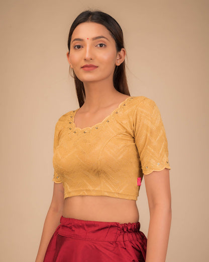 Kangoori Gold Zari Embroidery Scallops Stretchable Slip On Blouse