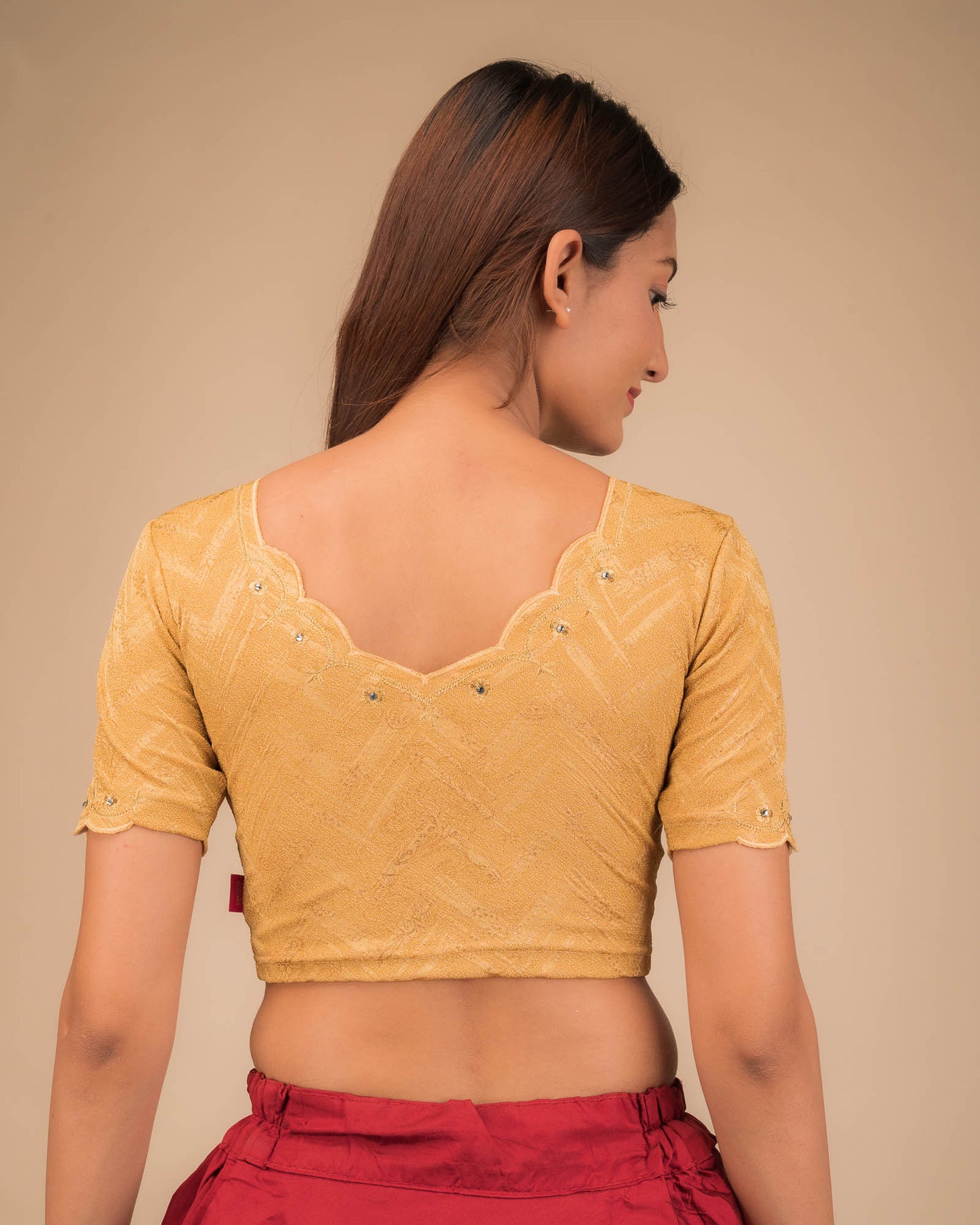 Kangoori Gold Zari Embroidery Scallops Stretchable Slip On Blouse