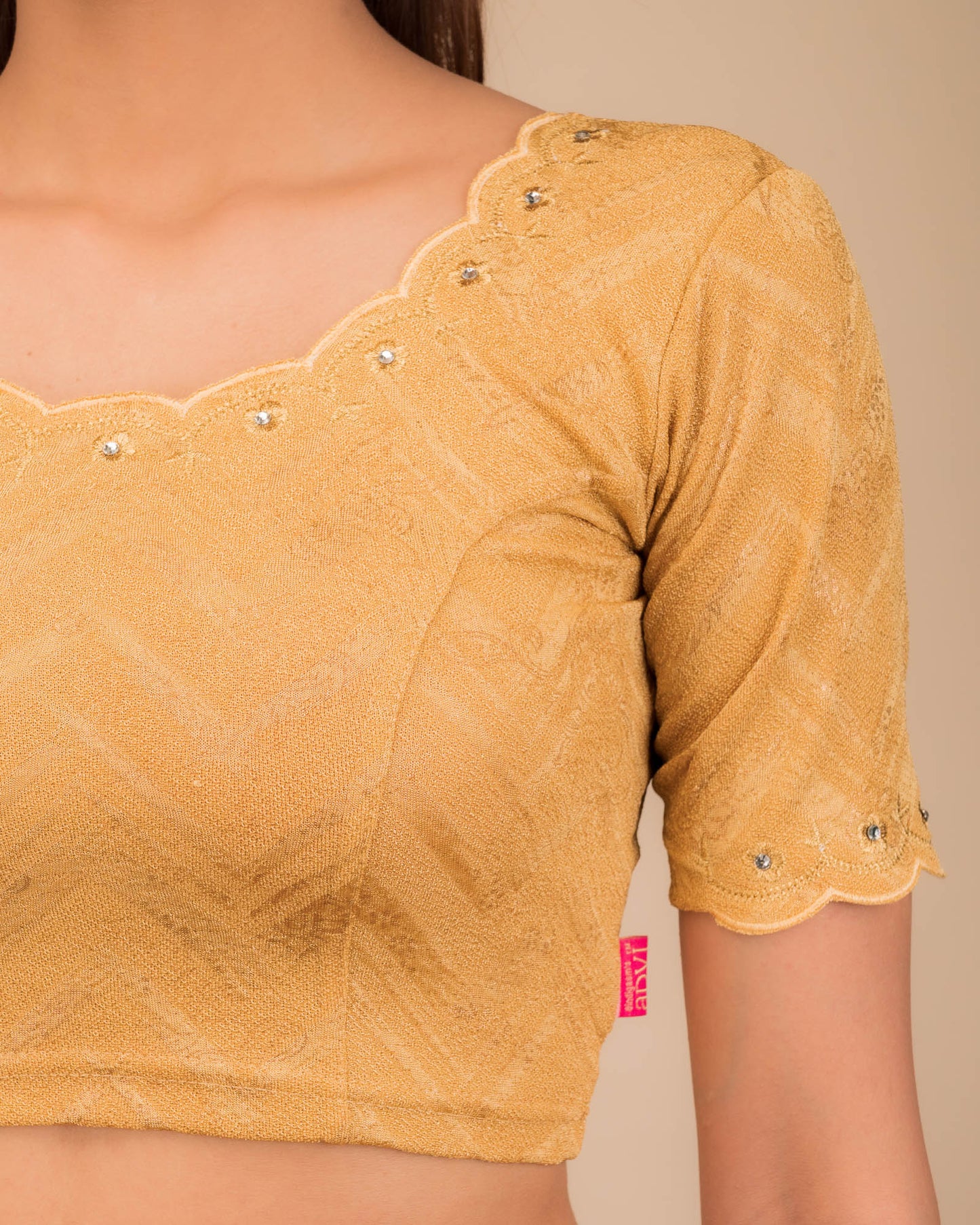 Kangoori Gold Zari Embroidery Scallops Stretchable Slip On Blouse