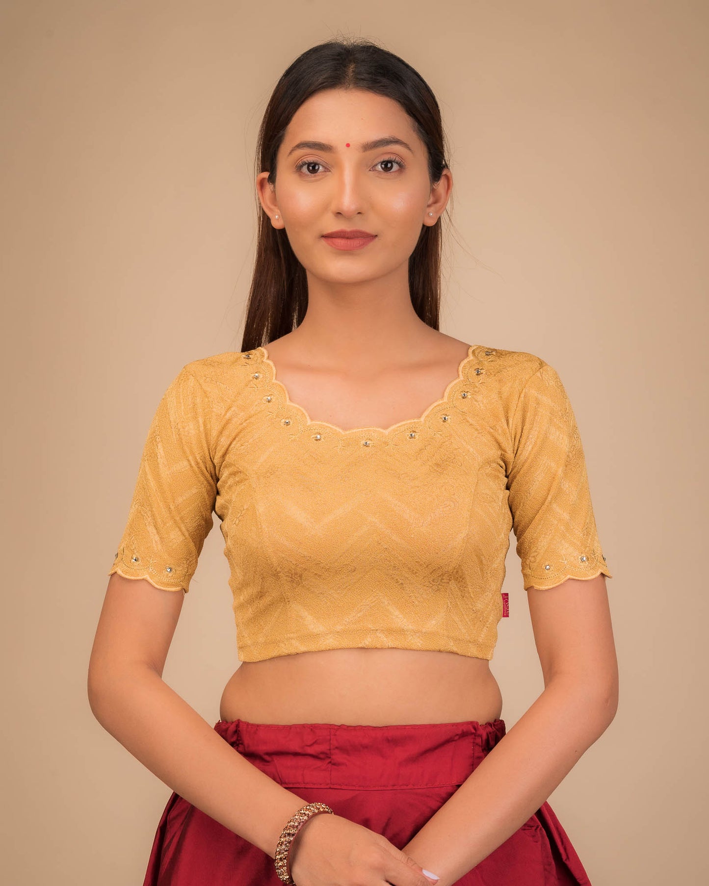Kangoori Gold Zari Embroidery Scallops Stretchable Slip On Blouse