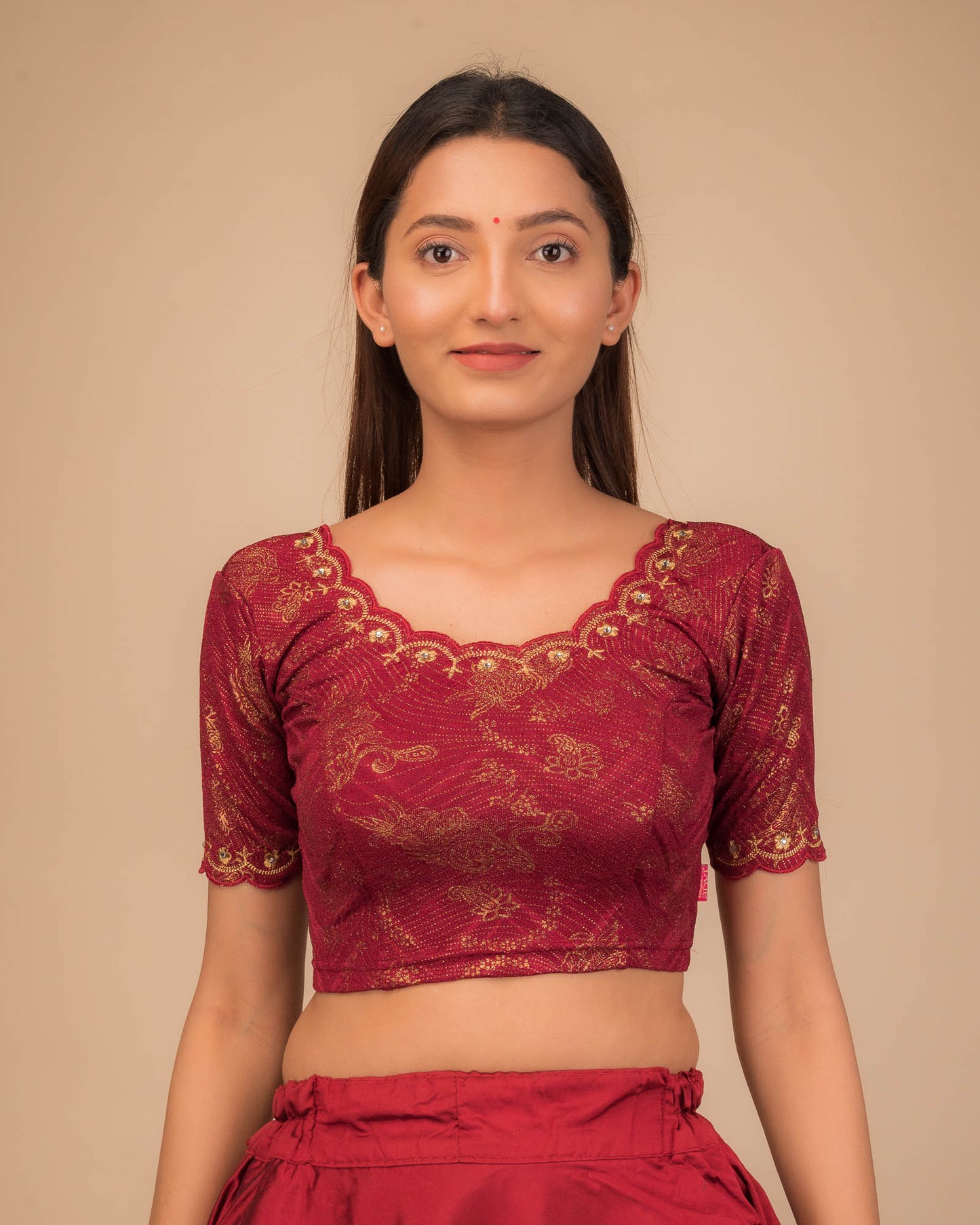 Kangoori Gold Zari Embroidery Scallops Stretchable Slip On Blouse