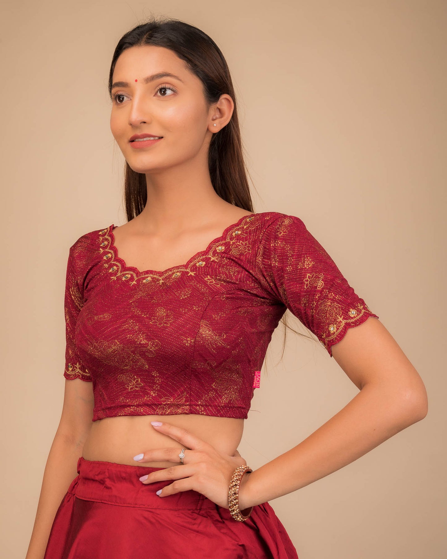 Kangoori Gold Zari Embroidery Scallops Stretchable Slip On Blouse