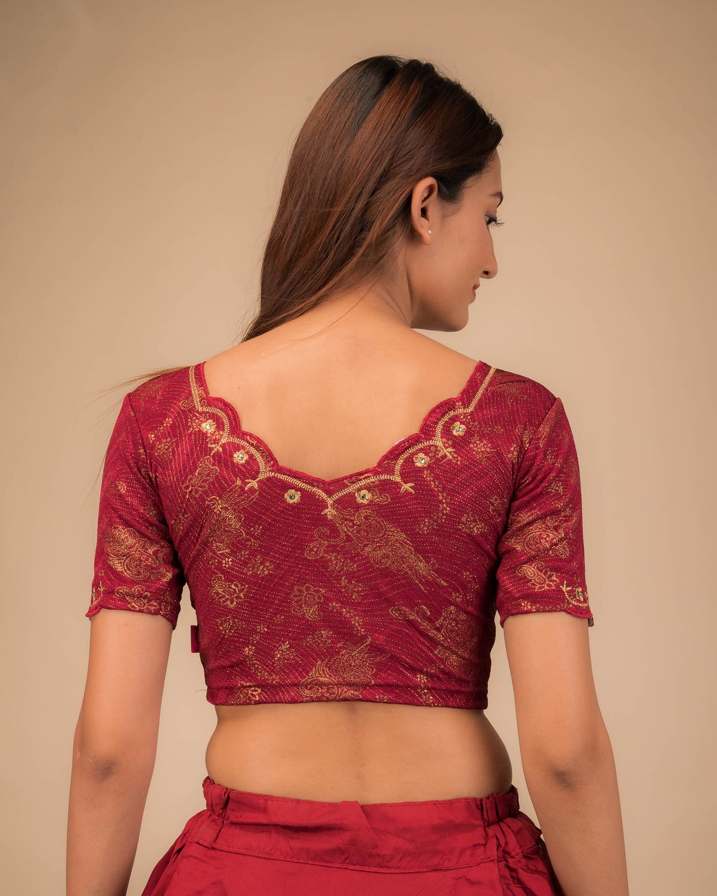 Kangoori Gold Zari Embroidery Scallops Stretchable Slip On Blouse