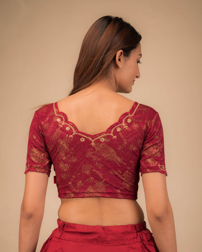 Kangoori Gold Zari Embroidery Scallops Stretchable Slip On Blouse