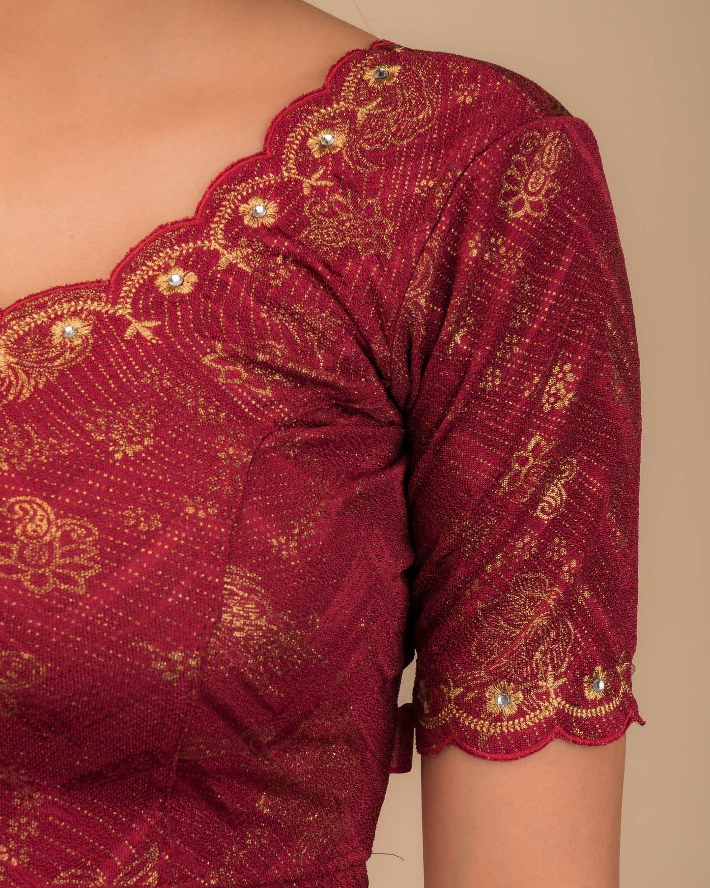 Kangoori Gold Zari Embroidery Scallops Stretchable Slip On Blouse
