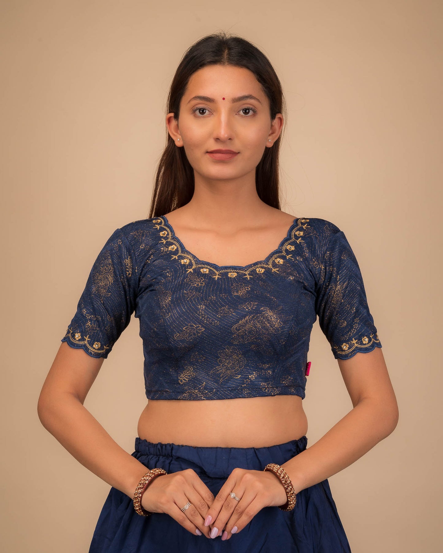 Kangoori Gold Zari Embroidery Scallops Stretchable Slip On Blouse
