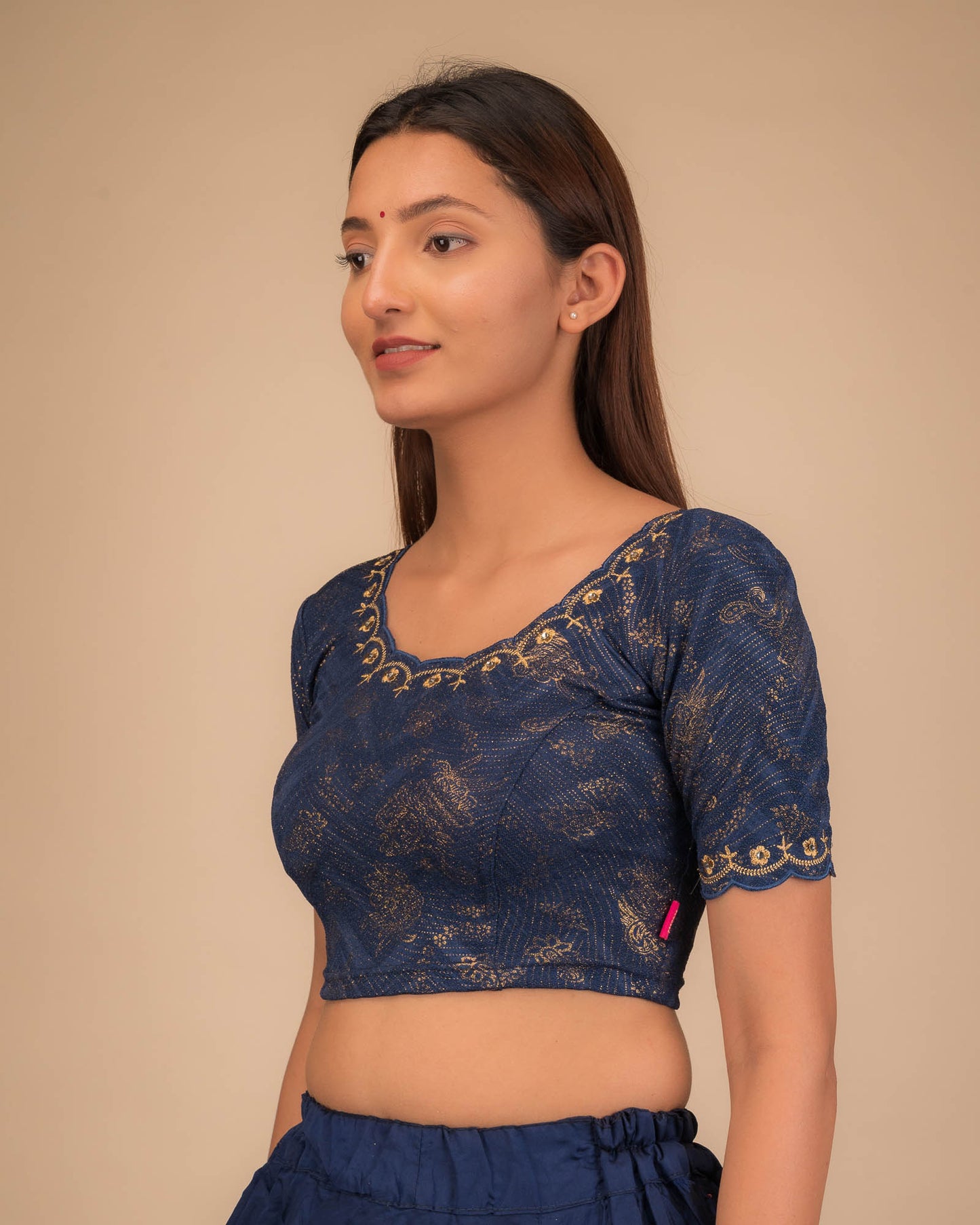 Kangoori Gold Zari Embroidery Scallops Stretchable Slip On Blouse