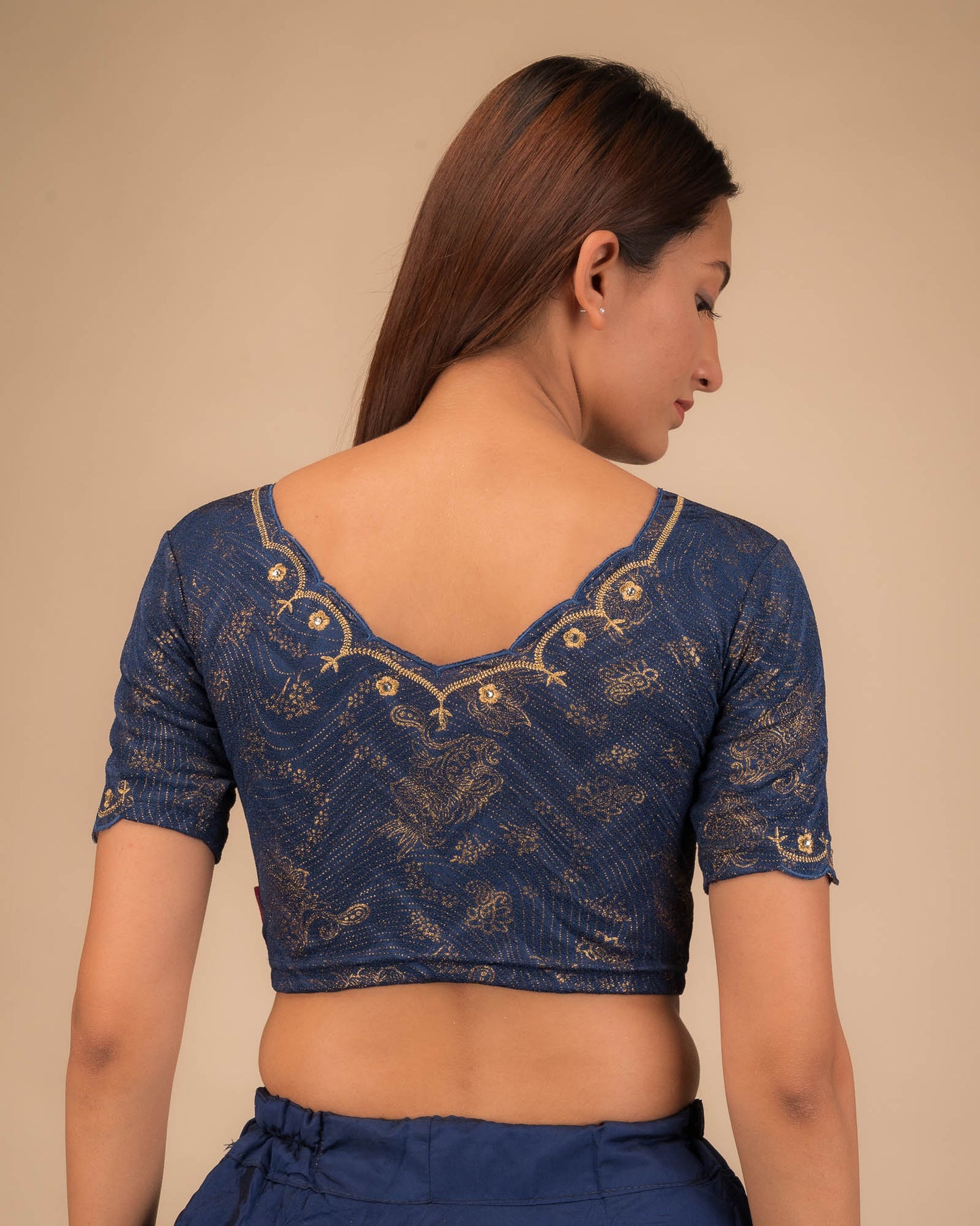 Kangoori Gold Zari Embroidery Scallops Stretchable Slip On Blouse