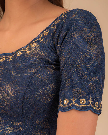 Kangoori Gold Zari Embroidery Scallops Stretchable Slip On Blouse