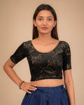 Vasu Velvet Gold Foil Classic Black With V Shaped Back Readymade Saree Blouse