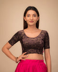Vasu Velvet Coffee Gold Foil Stretchable V Shaped Neck Everyday Comfort Blouse