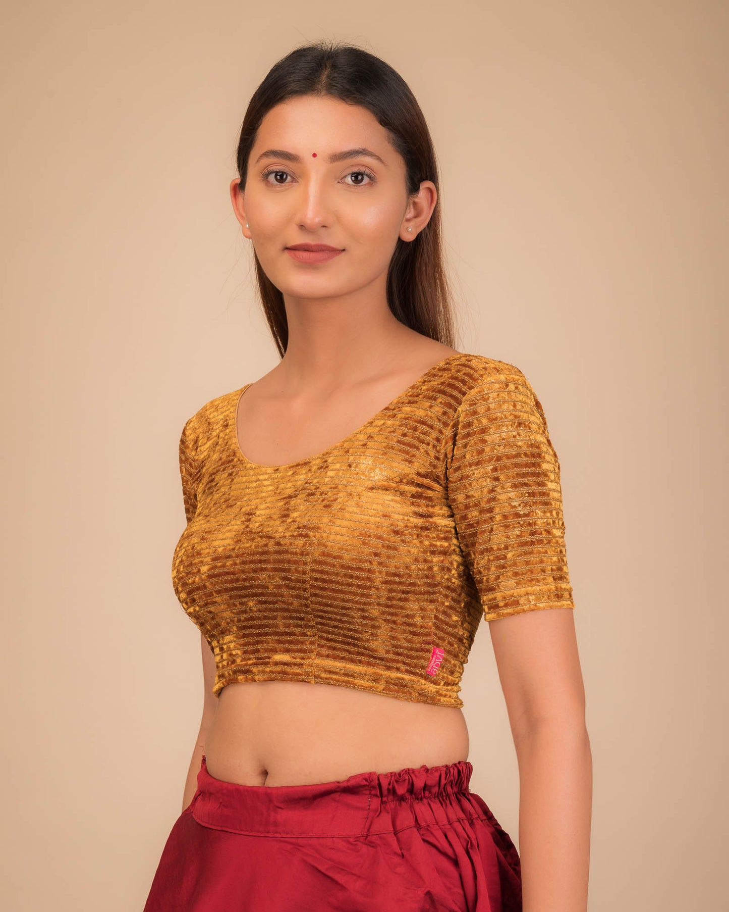 Vasu Overlap Velvet Gold Foil Stretchable Slip On Blouse