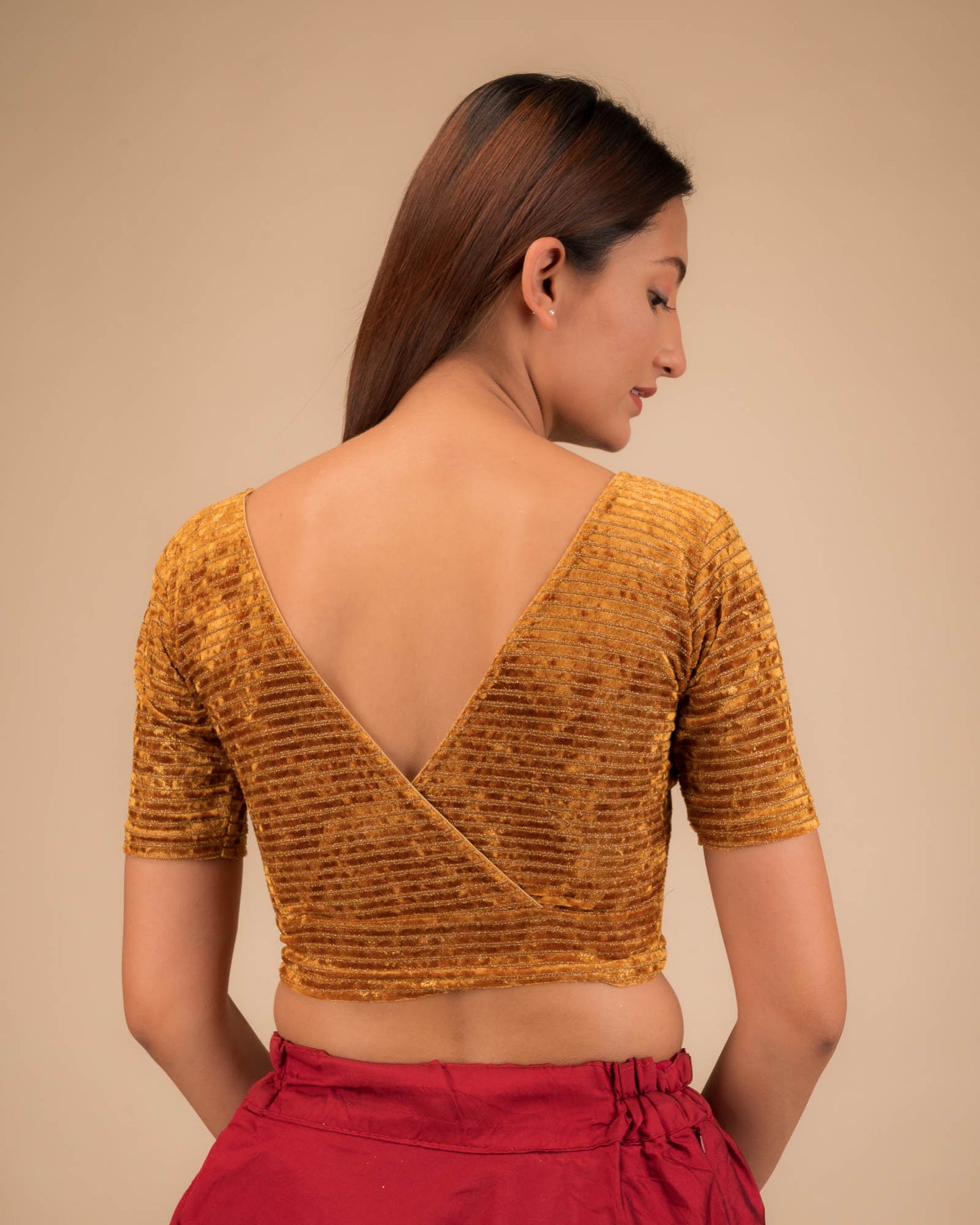 Vasu Overlap Velvet Gold Foil Stretchable Slip On Blouse