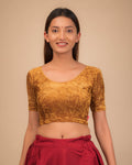 Vasu Velvet Gold Foil Stripes Dark Gold Readymade Saree Blouse-Elbow Sleeve
