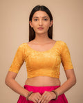 Vasu Overlap Velvet Gold Foil Mustard Ready-To-Wear Blouse V Shaped Back